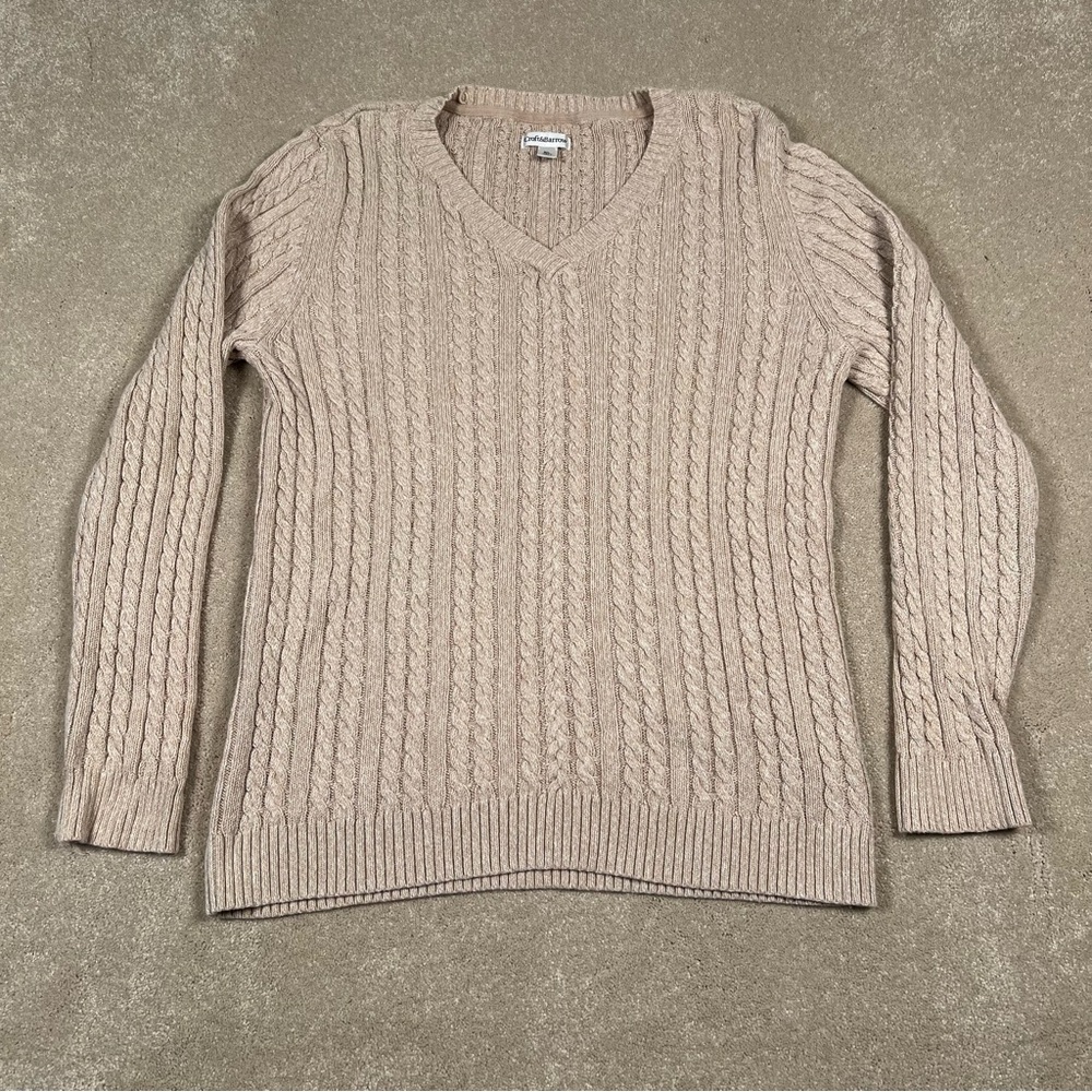 Croft & Barrow Tan Heathered Cable Knit V Neck LS Sweater 100% Cotton Women's XL